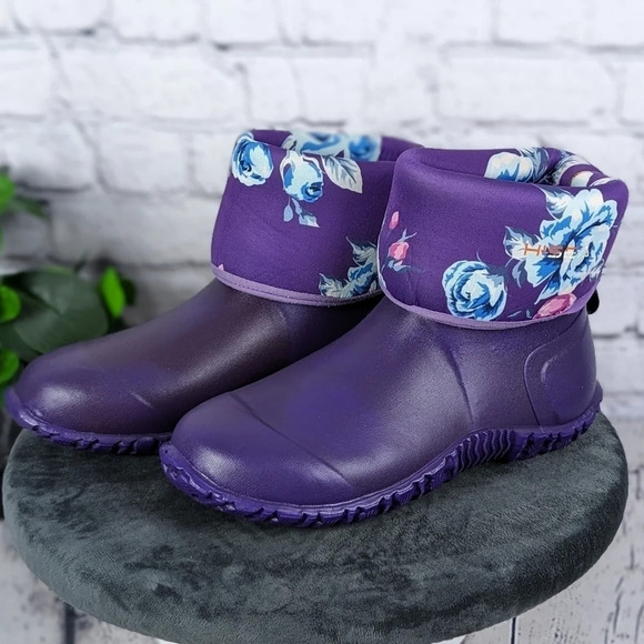 Wet weather rubber boots, rain, gardening, neoprene roll down purple floral 10 - Picture 11 of 15